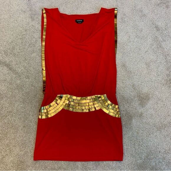 Bebe coral red gold sequin open sleeve V-neck mini dress Sz S - Picture 10 of 16
